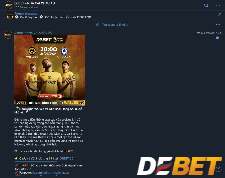 Kênh liên hệ của Debet thông qua ứng dụng Telegram