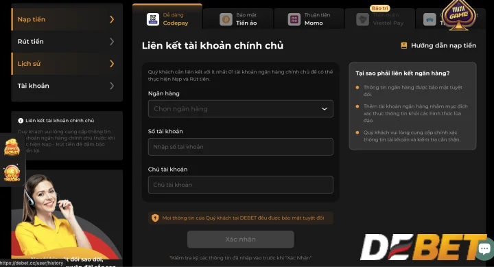 Hướng dẫn nạp tiền tài khoản Debet qua thẻ ngân hàng